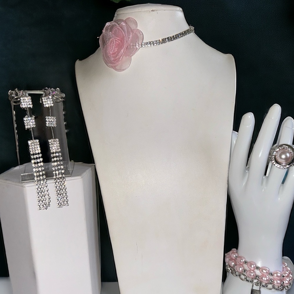 Four piece set with bling choker necklace, charm bracelet, ring, earrings